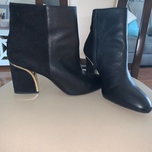 INC Ankle boots, black leather/suede with gold trim at heel. UEC